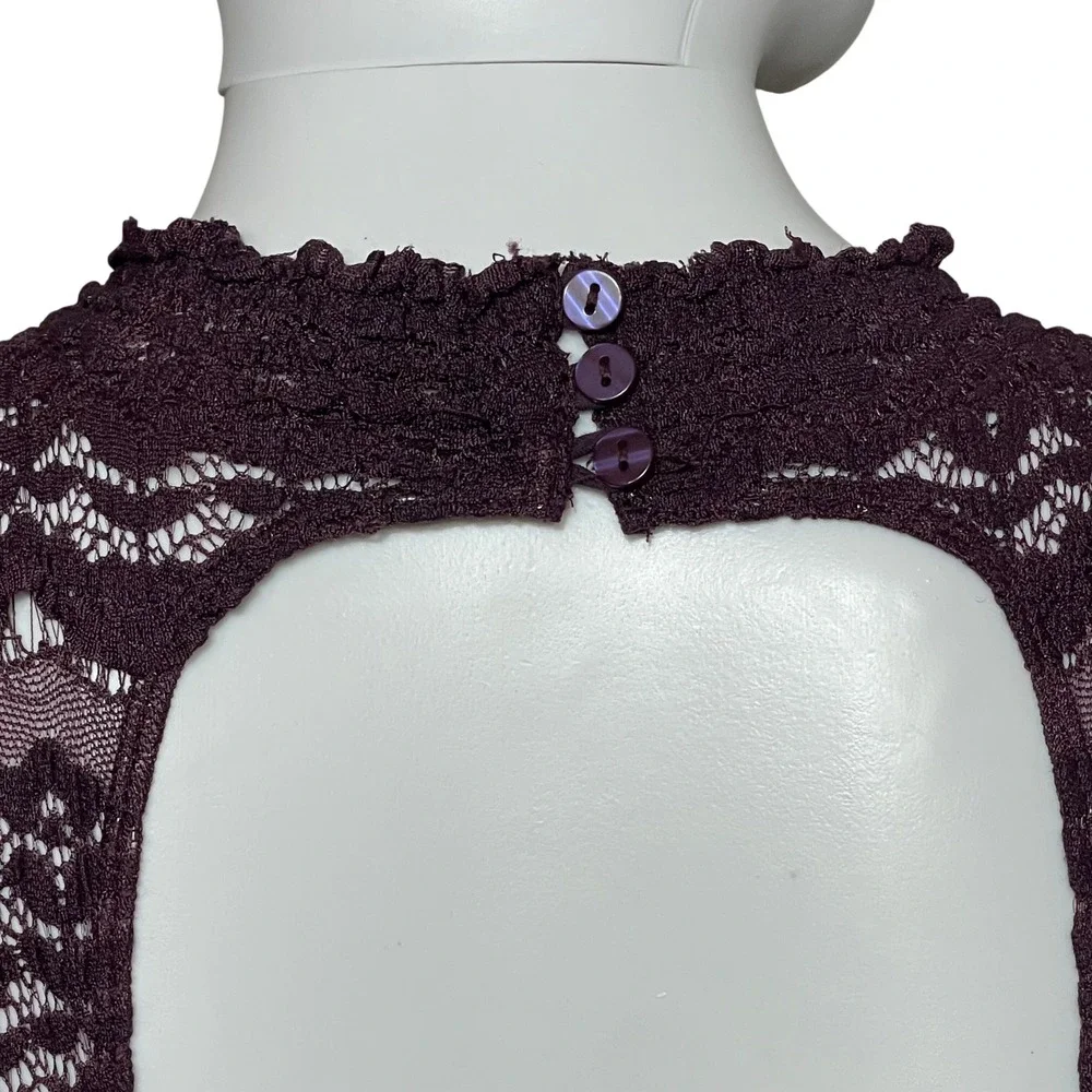 Free People FP One Lace Bodysuit Small Plum Open Back Mock Neck Long Sleeve Boho